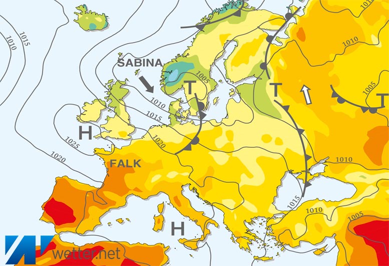 Großwetterlagenkarte Europa – aktuelle Wetterlage mit Fronten, Isobaren und Isothermen