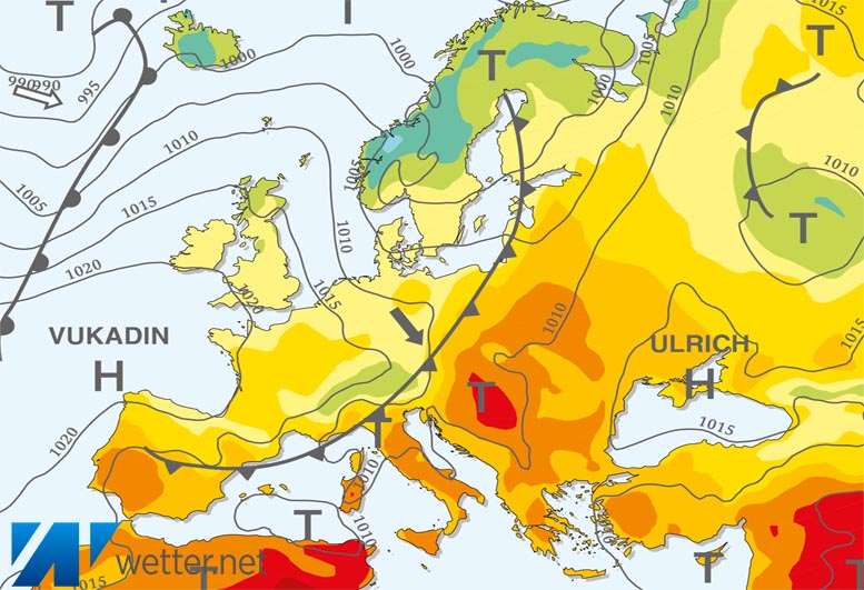Großwetterlagenkarte Europa – aktuelle Wetterlage mit Fronten, Isobaren und Isothermen