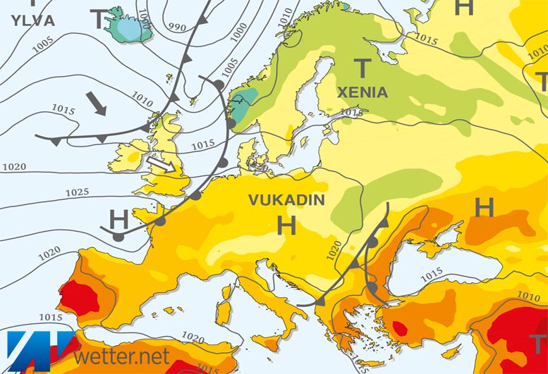 Großwetterlagenkarte Europa – aktuelle Wetterlage mit Fronten, Isobaren und Isothermen