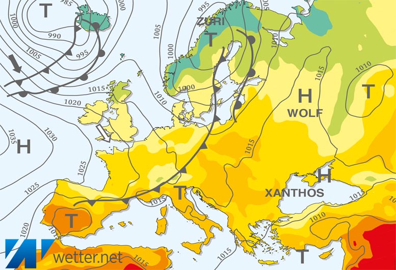 Großwetterlagenkarte Europa – aktuelle Wetterlage mit Fronten, Isobaren und Isothermen