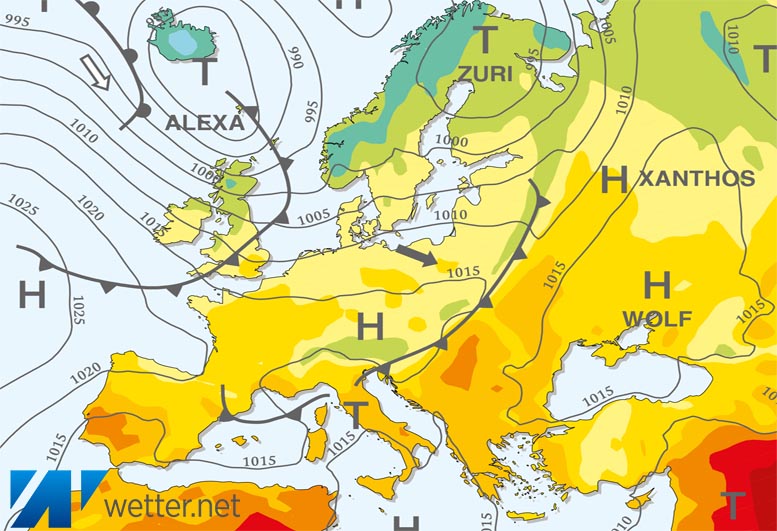 Großwetterlagenkarte Europa – aktuelle Wetterlage mit Fronten, Isobaren und Isothermen