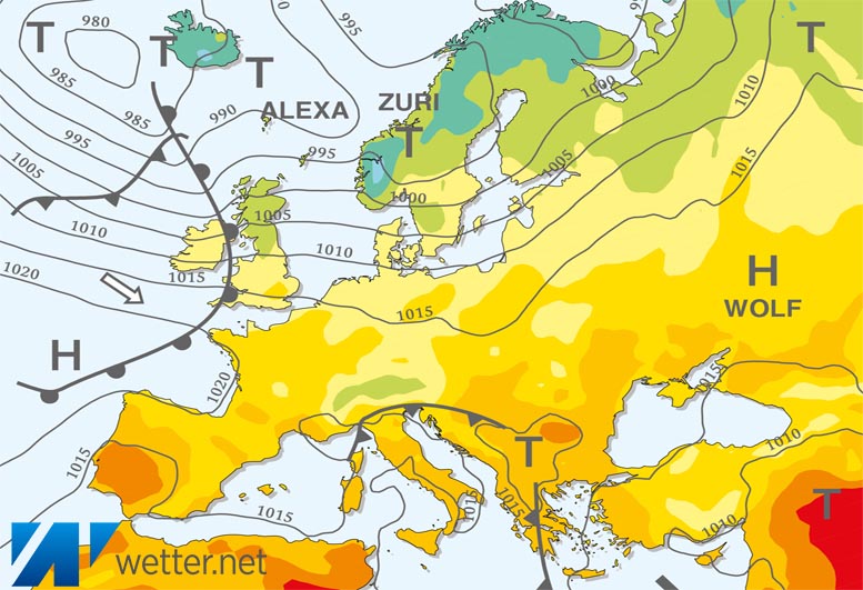 Großwetterlagenkarte Europa – aktuelle Wetterlage mit Fronten, Isobaren und Isothermen