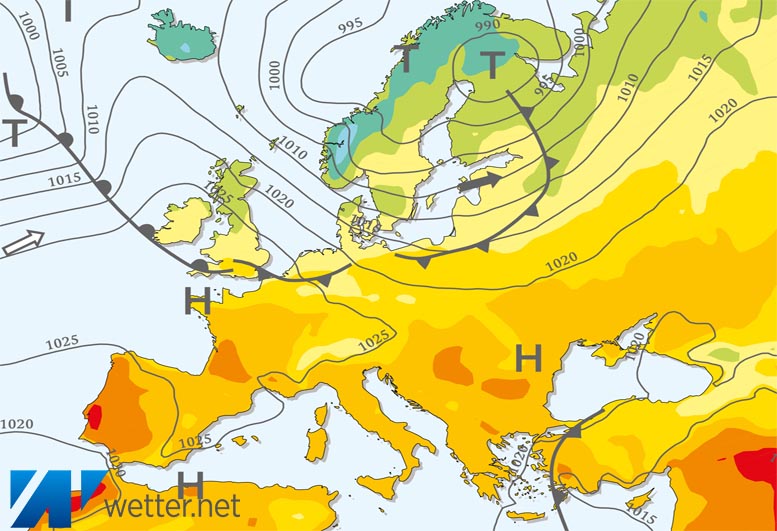 Großwetterlagenkarte Europa – aktuelle Wetterlage mit Fronten, Isobaren und Isothermen