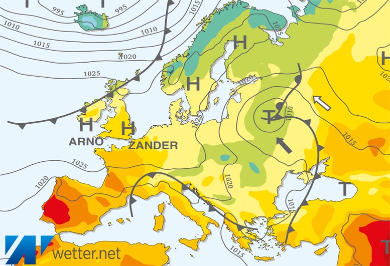 Großwetterlagenkarte Europa – aktuelle Wetterlage mit Fronten, Isobaren und Isothermen