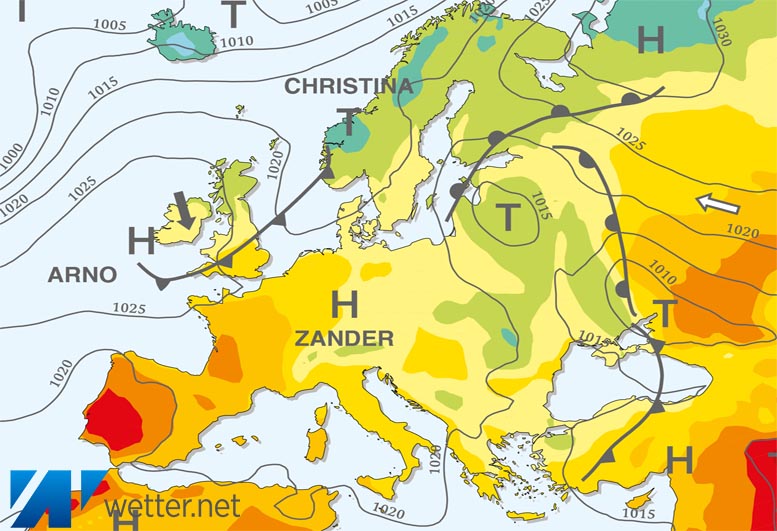 Großwetterlagenkarte Europa – aktuelle Wetterlage mit Fronten, Isobaren und Isothermen