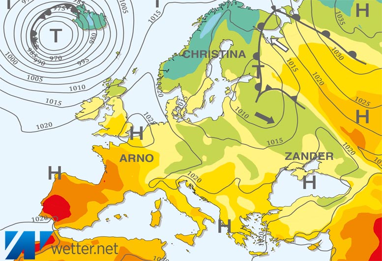Großwetterlagenkarte Europa – aktuelle Wetterlage mit Fronten, Isobaren und Isothermen