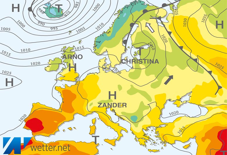 Großwetterlagenkarte Europa – aktuelle Wetterlage mit Fronten, Isobaren und Isothermen
