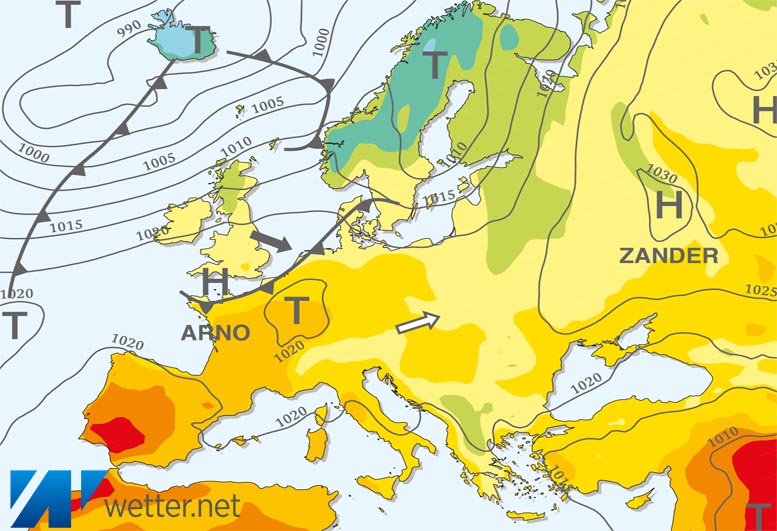 Großwetterlagenkarte Europa – aktuelle Wetterlage mit Fronten, Isobaren und Isothermen