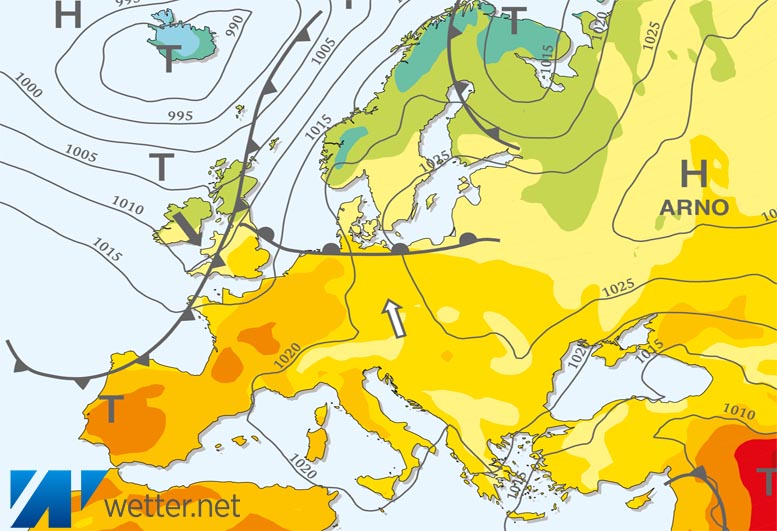 Großwetterlagenkarte Europa – aktuelle Wetterlage mit Fronten, Isobaren und Isothermen