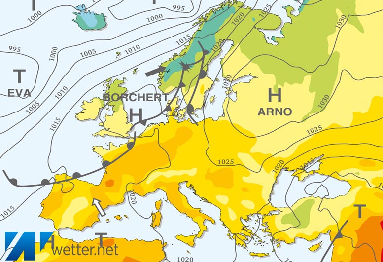 Großwetterlagenkarte Europa – aktuelle Wetterlage mit Fronten, Isobaren und Isothermen