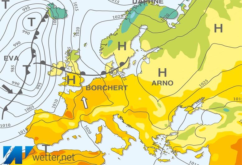 Großwetterlagenkarte Europa – aktuelle Wetterlage mit Fronten, Isobaren und Isothermen
