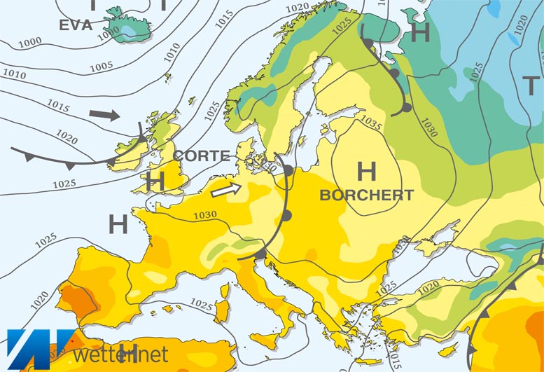 Großwetterlagenkarte Europa – aktuelle Wetterlage mit Fronten, Isobaren und Isothermen
