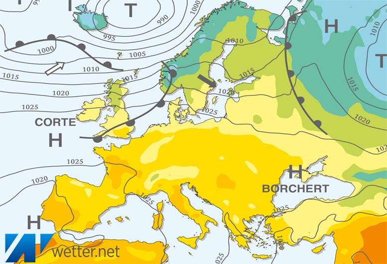 Großwetterlagenkarte Europa – aktuelle Wetterlage mit Fronten, Isobaren und Isothermen