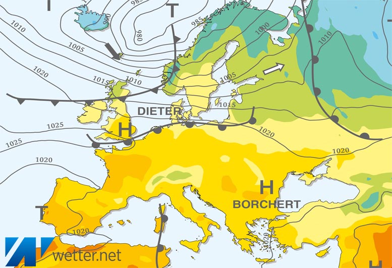 Großwetterlagenkarte Europa – aktuelle Wetterlage mit Fronten, Isobaren und Isothermen