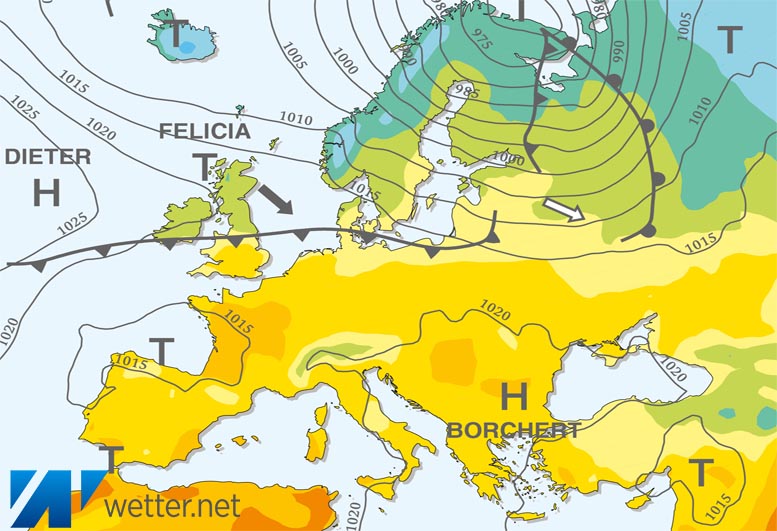 Großwetterlagenkarte Europa – aktuelle Wetterlage mit Fronten, Isobaren und Isothermen