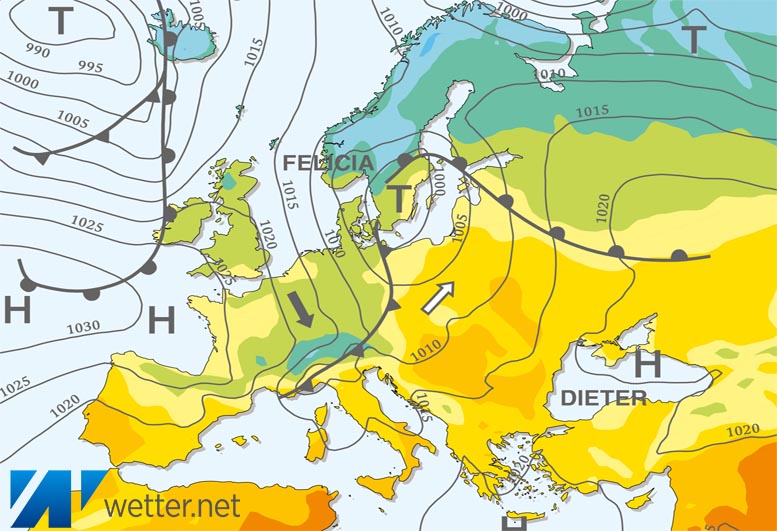 Großwetterlagenkarte Europa – aktuelle Wetterlage mit Fronten, Isobaren und Isothermen