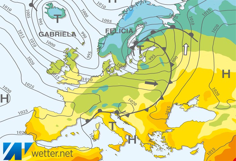 Großwetterlagenkarte Europa – aktuelle Wetterlage mit Fronten, Isobaren und Isothermen