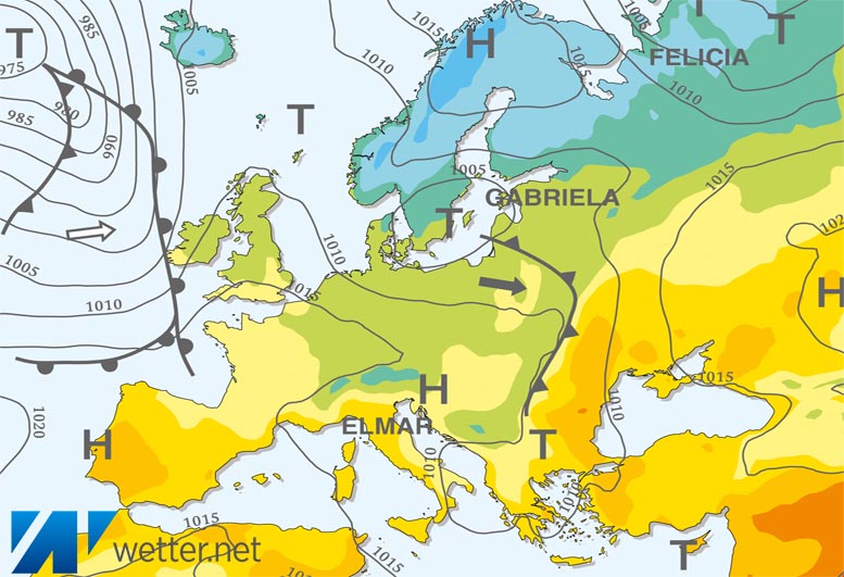 Großwetterlagenkarte Europa – aktuelle Wetterlage mit Fronten, Isobaren und Isothermen