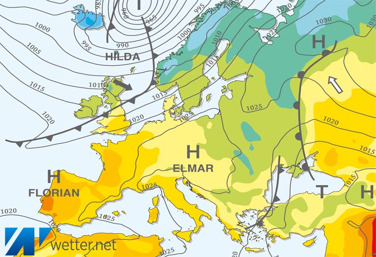 Großwetterlagenkarte Europa – aktuelle Wetterlage mit Fronten, Isobaren und Isothermen