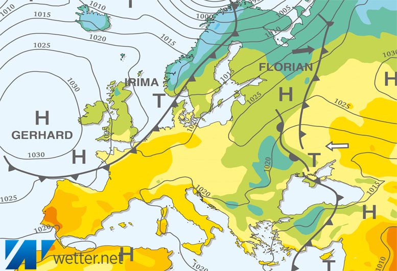 Großwetterlagenkarte Europa – aktuelle Wetterlage mit Fronten, Isobaren und Isothermen