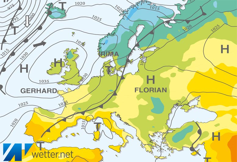 Großwetterlagenkarte Europa – aktuelle Wetterlage mit Fronten, Isobaren und Isothermen