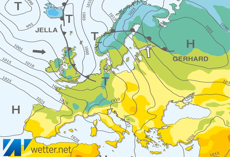 Großwetterlagenkarte Europa – aktuelle Wetterlage mit Fronten, Isobaren und Isothermen