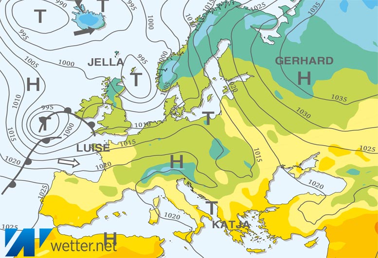 Großwetterlagenkarte Europa – aktuelle Wetterlage mit Fronten, Isobaren und Isothermen