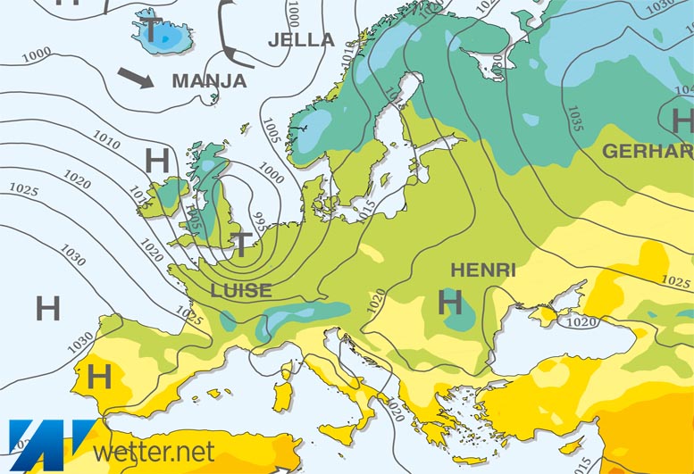 Großwetterlagenkarte Europa – aktuelle Wetterlage mit Fronten, Isobaren und Isothermen