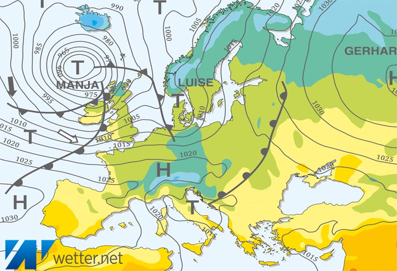 Großwetterlagenkarte Europa – aktuelle Wetterlage mit Fronten, Isobaren und Isothermen