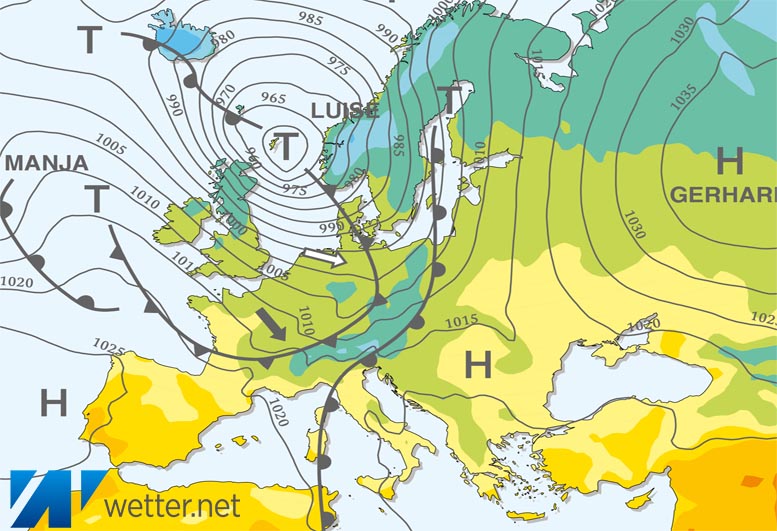Großwetterlagenkarte Europa – aktuelle Wetterlage mit Fronten, Isobaren und Isothermen