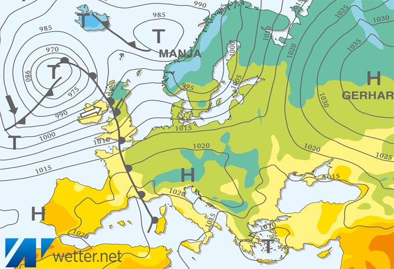 Großwetterlagenkarte Europa – aktuelle Wetterlage mit Fronten, Isobaren und Isothermen
