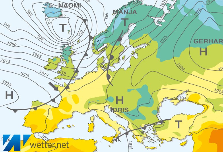 Großwetterlagenkarte Europa – aktuelle Wetterlage mit Fronten, Isobaren und Isothermen