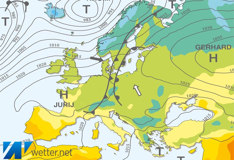 Großwetterlagenkarte Europa – aktuelle Wetterlage mit Fronten, Isobaren und Isothermen