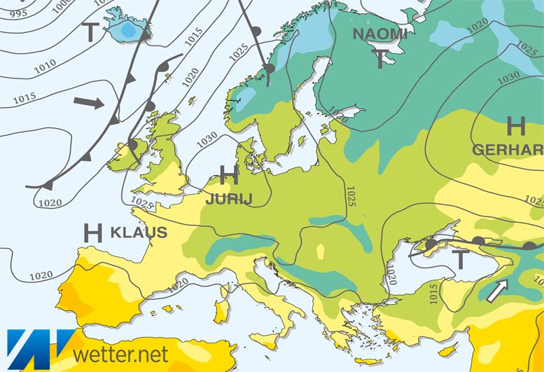 Großwetterlagenkarte Europa – aktuelle Wetterlage mit Fronten, Isobaren und Isothermen