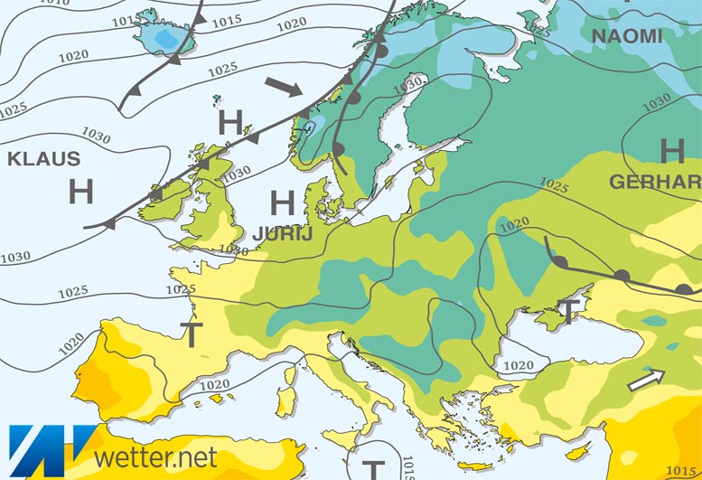 Großwetterlagenkarte Europa – aktuelle Wetterlage mit Fronten, Isobaren und Isothermen